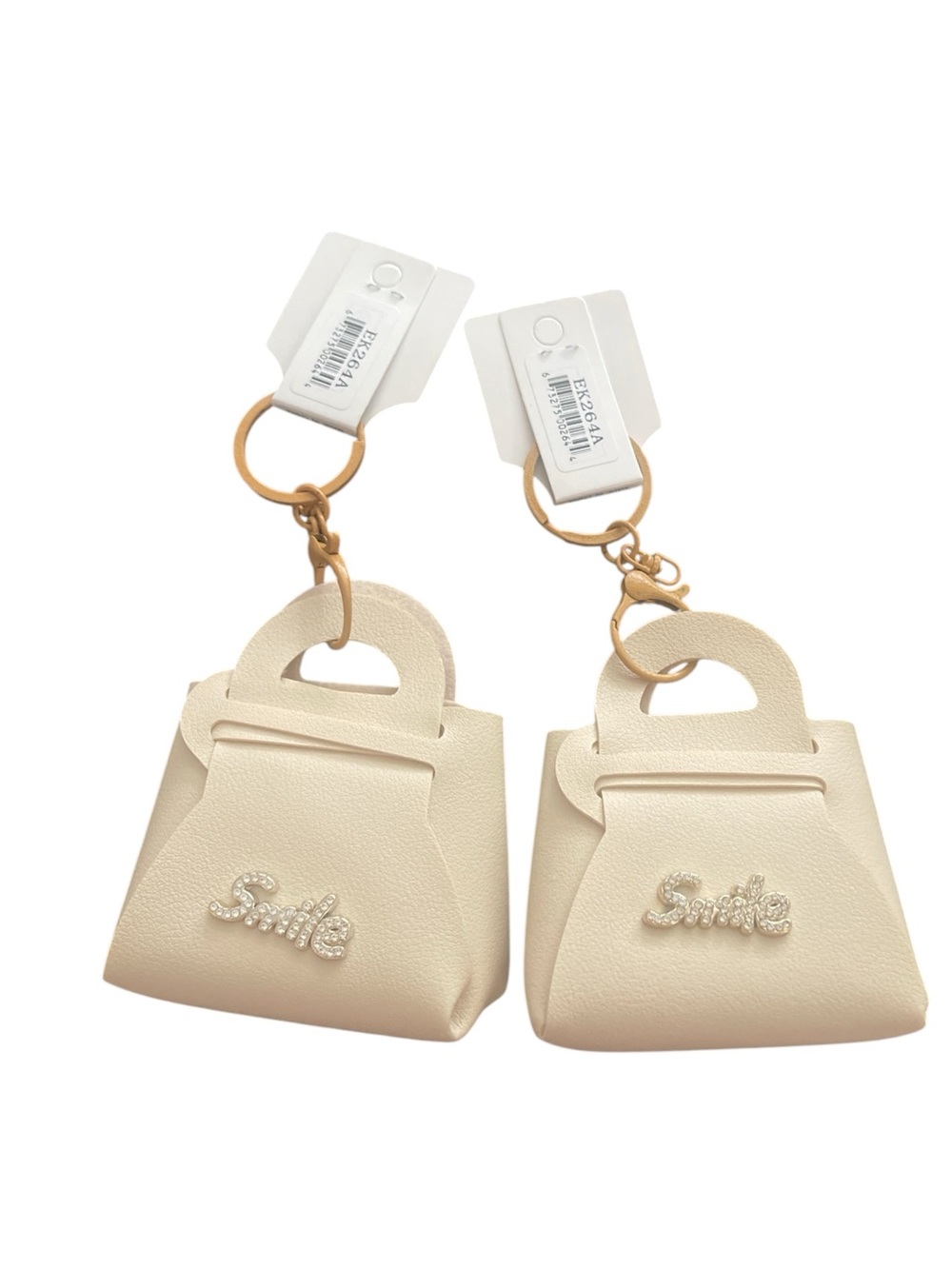 SISI SMILE CREAM RHINESTONE BLING BAG CHARM KEYCHAIN SET OF TWO